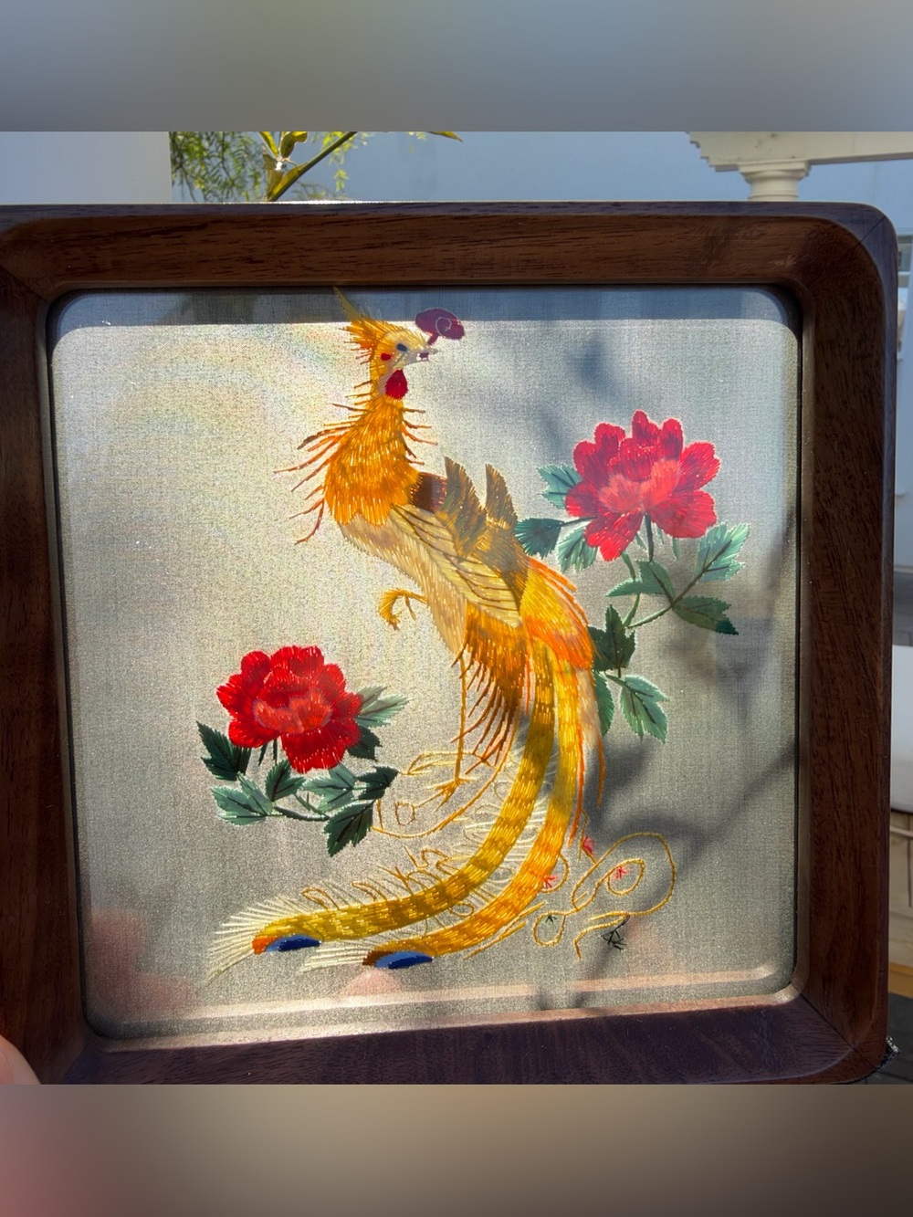 Suzhou Embroidery Phoenix Peony Double-Sided Silk Art Wood Frame